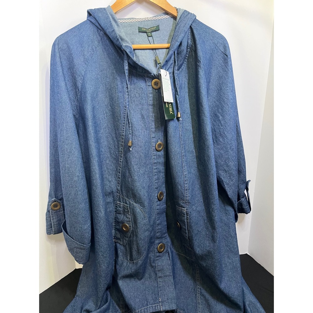 For Cynthia Woman Blue Denim Hooded Jacket Plus Size 3X Longline Button Front
